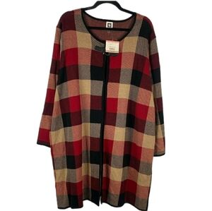 Anne Klein Red & Black Plaid Cardigan,  NWT, Size 3X